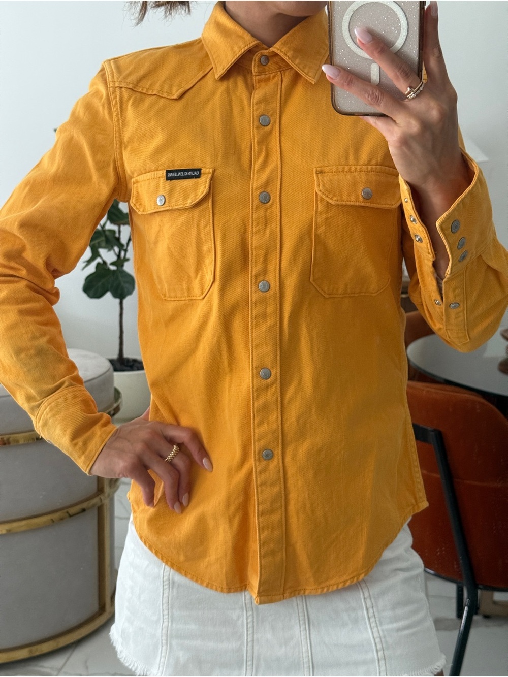 Calvin Klein Jeans Orange Mustard Snap-Front vintage XS Shirt